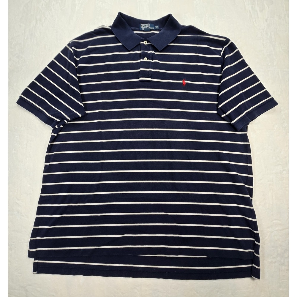 Polo Ralph Lauren Mens 3XLT Tall Navy Blue White Striped Cotton Pique Polo Shirt
